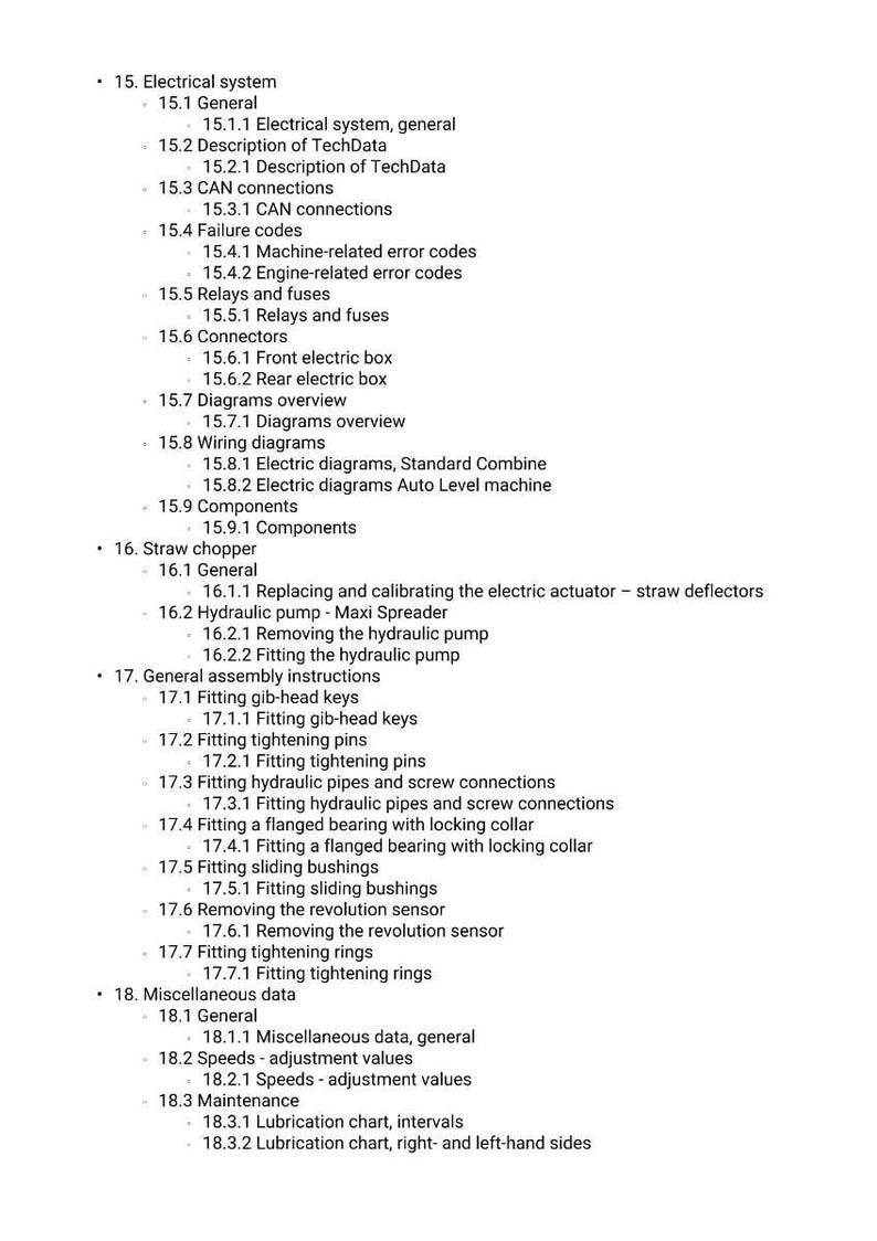 May include: A detailed table of contents from a technical manual, listing sections on electrical systems, wiring diagrams, and general assembly instructions. The text is in black font on a white background.