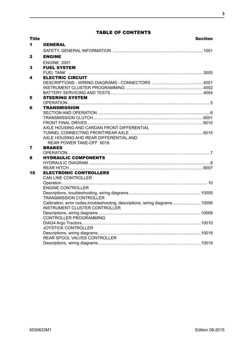May include: A page from a manual titled "Table of Contents" with a list of sections including Engine, Fuel System, Electric Circuit, Steering System, Transmission, Brakes, Hydraulic Components, and Electronic Controllers. The edition is 09-2015.