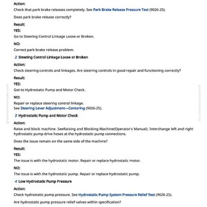 May include: A page from a greenfarmmanuals.com manual titled "Wheels or Tracks Powered On One Side, Not The Other." The text details troubleshooting steps for machinery issues, including park brake, steering, and hydrostatic pump problems.