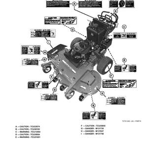 May include: Diagram of a riding lawn mower with safety label locations indicated. The labels include warnings and cautions in English and Spanish. Text includes model numbers and safety information.