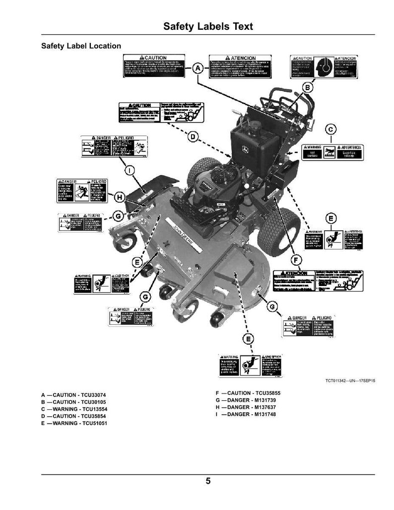 May include: Diagram of a riding lawn mower with safety label locations indicated. The labels include warnings and cautions in English and Spanish. Text includes model numbers and safety information.