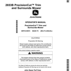 May include: White operator's manual for a John Deere 2653B PrecisionCut Trim and Surrounds Mower. The manual includes warnings about diesel engine exhaust and gasoline engine exhaust. The John Deere logo is visible.