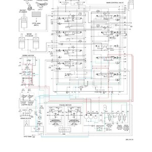 May include: Diagram illustrating a hydraulic system, titled "7. SWING OPERATION." It features detailed schematics of cylinders, valves, and motors, with labels like "RCV LEVER" and "TRAVEL PEDAL." The diagram is presented on a white background.