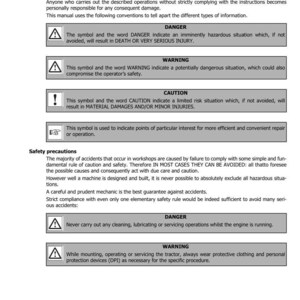 May include: A page from a manual with safety instructions. It includes warnings for danger, caution, and general instructions. The manual uses symbols and text to convey important safety information for machinery operation and maintenance.