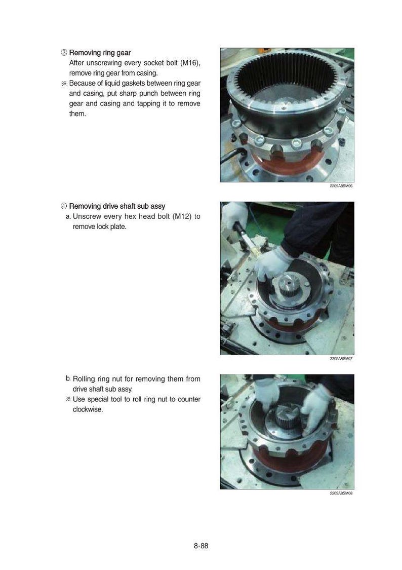 May include: Technical diagram illustrating the process of removing a ring gear and drive shaft sub-assembly. The image shows close-up views of mechanical components, including bolts, gears, and casings. Text instructions accompany the images.