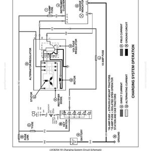 May include: Schematic diagram of a charging system, featuring components like fuses, a voltage regulator, and a battery. The diagram includes labels for direct and alternating current, and ground circuits. Text at the top reads "Charging System Operation".