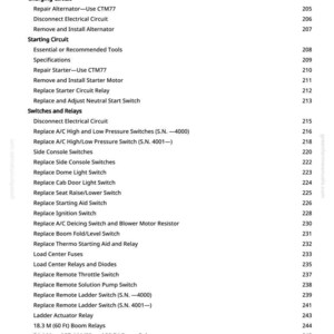 May include: A detailed table of contents from a manual, listing various repair and replacement procedures for vehicle components. Includes sections on charging, starting circuits, switches, relays, and monitoring systems.