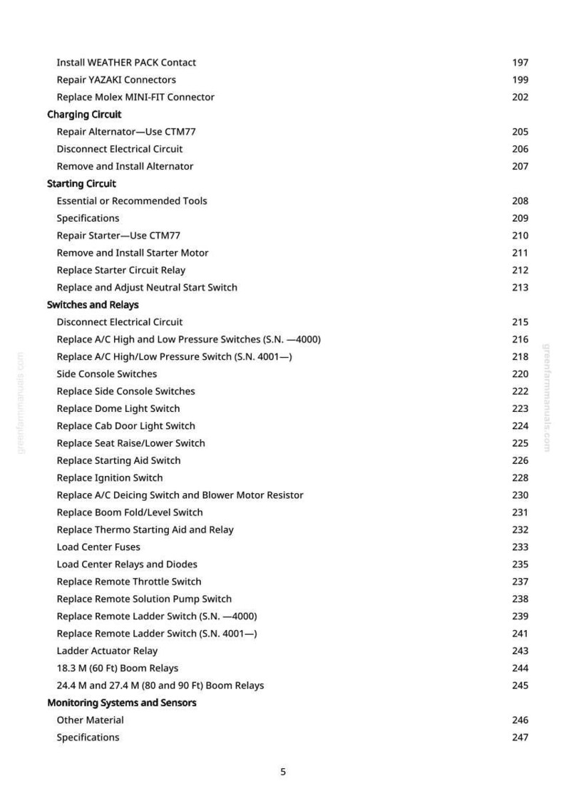 May include: A detailed table of contents from a manual, listing various repair and replacement procedures for vehicle components. Includes sections on charging, starting circuits, switches, relays, and monitoring systems.
