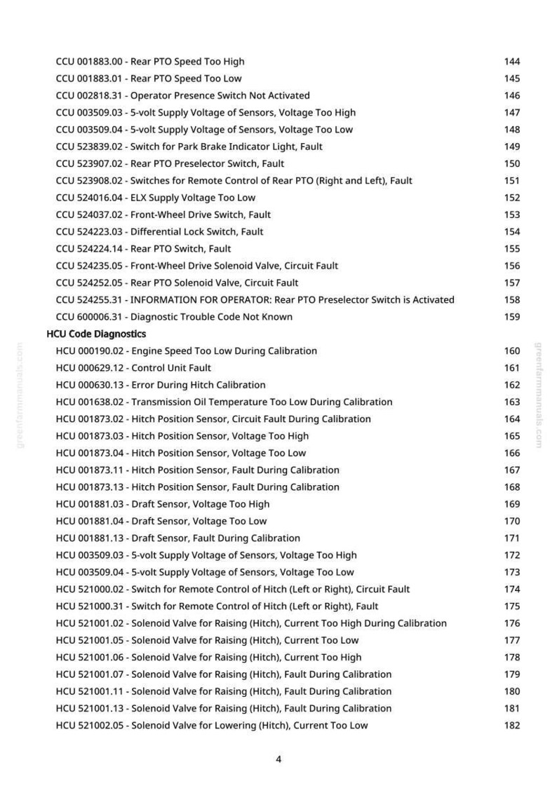 May include: A page from a greenfarmmanuals.com manual, listing diagnostic trouble codes for CCU and HCU systems. The text includes fault descriptions and associated code numbers, useful for vehicle diagnostics.
