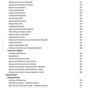 May include: A page from a greenfarmmanuals.com manual, listing procedures for engine repair. The text includes instructions for removing and installing various engine components, such as the oil pan, camshaft, and fuel filter.