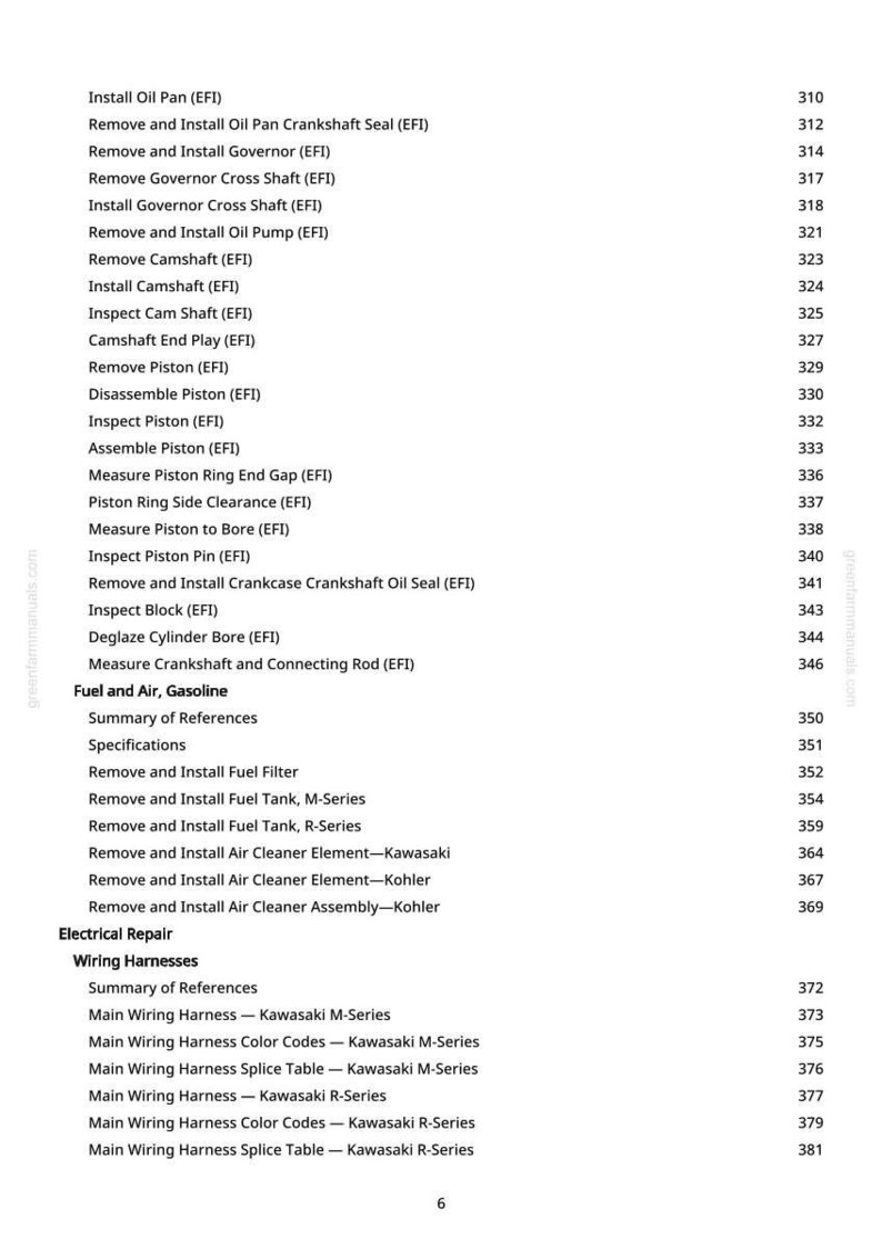 May include: A page from a greenfarmmanuals.com manual, listing procedures for engine repair. The text includes instructions for removing and installing various engine components, such as the oil pan, camshaft, and fuel filter.
