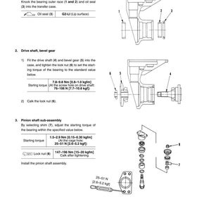 以下が含まれることがあります： トランスファーケースの分解と組み立てを示す技術図。オイルシール、ドライブシャフト、ベベルギアなどの様々なコンポーネントが示されており、トルク値はNmとkgfmで表示されています。メートル法による測定。