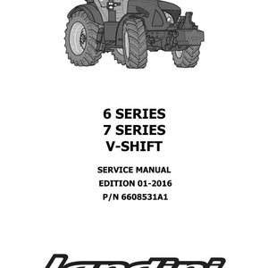 K&ouml;nnte beinhalten: Graustufen-Illustration eines Traktors mit gro&szlig;en Reifen. Das Bild enth&auml;lt den Text "6 SERIES, 7 SERIES, V-SHIFT, SERVICE MANUAL, EDITION 01-2016, P/N 6608531A1" und das Landini-Logo.