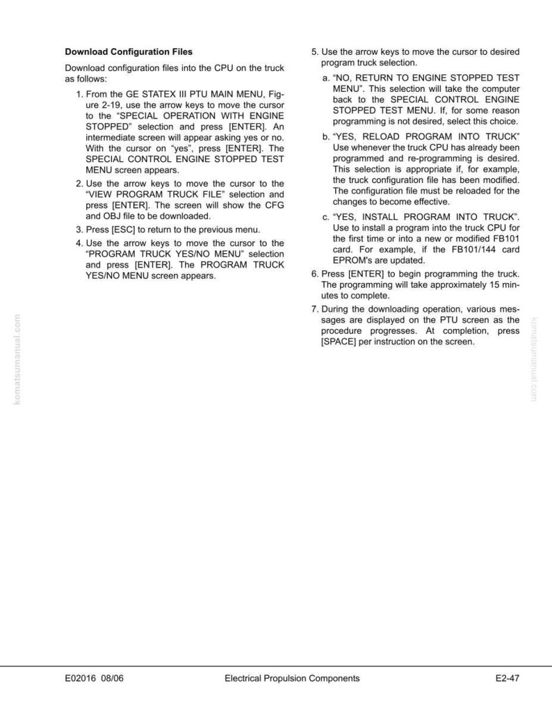 May include: A white document with black text detailing configuration files for a truck's CPU. Instructions include menu navigation, file selection, and programming steps. The document is labeled "Download Configuration Files."