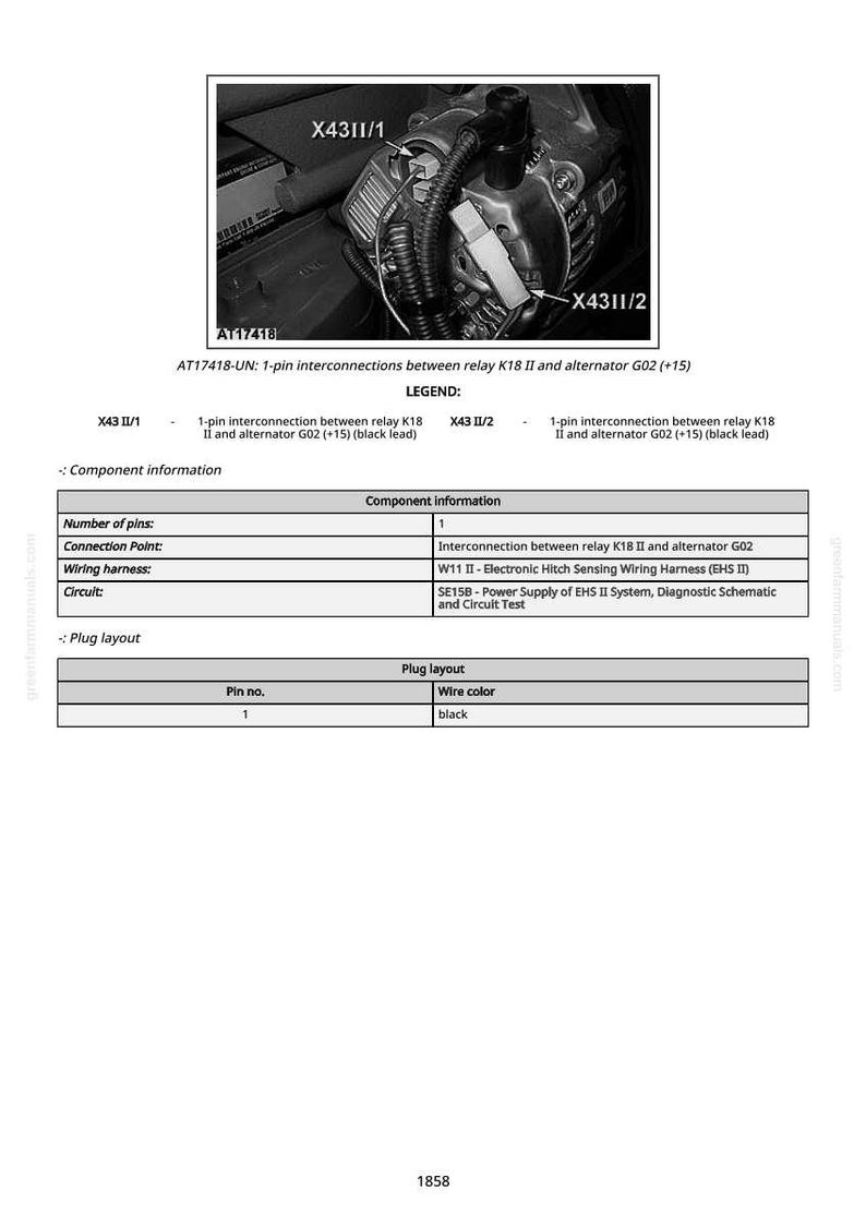 May include: Black and white image of automotive electrical components with text labels. The image includes diagrams and a table detailing pin layout and wire color. The text reads "AT17418-UN" and "X43II/1".