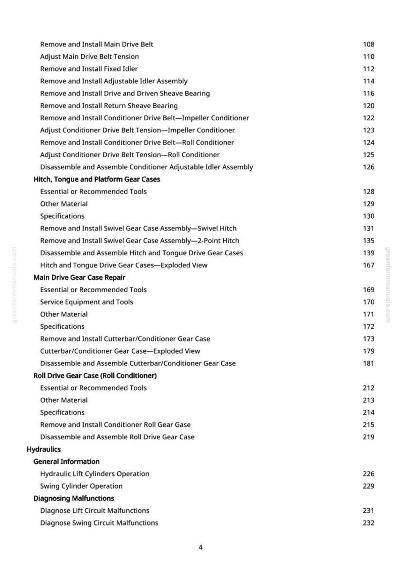 May include: A page from a manual with a list of instructions and procedures, including "Remove and Install Main Drive Belt" and "Adjust Main Drive Belt Tension." The text is black on a white background.