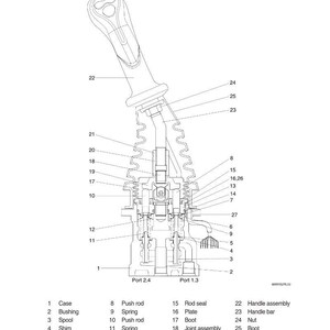 K&ouml;nnte beinhalten: Detaillierte Querschnittszeichnung einer mechanischen Baugruppe, beschriftet mit Teilenamen und -nummern. Enth&auml;lt eine Griffbaugruppe, Schubstangen, Federn und verschiedene andere Komponenten. Das Diagramm ist in Schwarzwei&szlig;.