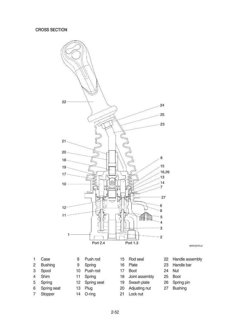 K&ouml;nnte beinhalten: Detaillierte Querschnittszeichnung einer mechanischen Baugruppe, beschriftet mit Teilenamen und -nummern. Enth&auml;lt eine Griffbaugruppe, Schubstangen, Federn und verschiedene andere Komponenten. Das Diagramm ist in Schwarzwei&szlig;.