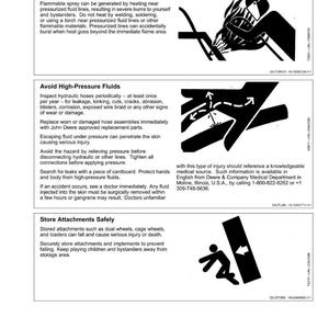 May include: Safety instructions page with three sections. The first warns against heating pressurized fluid lines, showing a welding illustration. The second cautions about high-pressure fluids, with a diagram of a hand and arrows. The third advises on storing attachments safely.