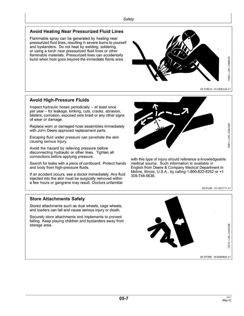 May include: Safety instructions page with three sections. The first warns against heating pressurized fluid lines, showing a welding illustration. The second cautions about high-pressure fluids, with a diagram of a hand and arrows. The third advises on storing attachments safely.