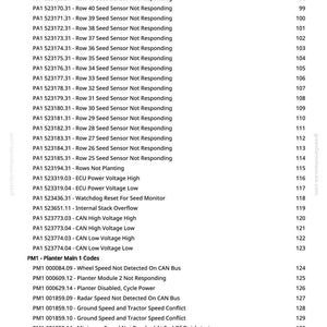 May include: A page from a greenfarmmanuals.com manual, listing error codes and descriptions for a planter system. Codes include "Seed Sensor Not Responding," "ECU Power Voltage," and "Wheel Speed Not Detected."