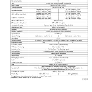 K&ouml;nnte beinhalten: Spezifikationstabelle f&uuml;r Dieselmotoren V3300DI-E2B und V3300DI-T-E2B. Enth&auml;lt Angaben zu Zylinderzahl, Bohrung, Hub (98 x 110 mm), Hubraum, Leistung und Kraftstoffspezifikationen. Gewicht: 246 kg und 255 kg.