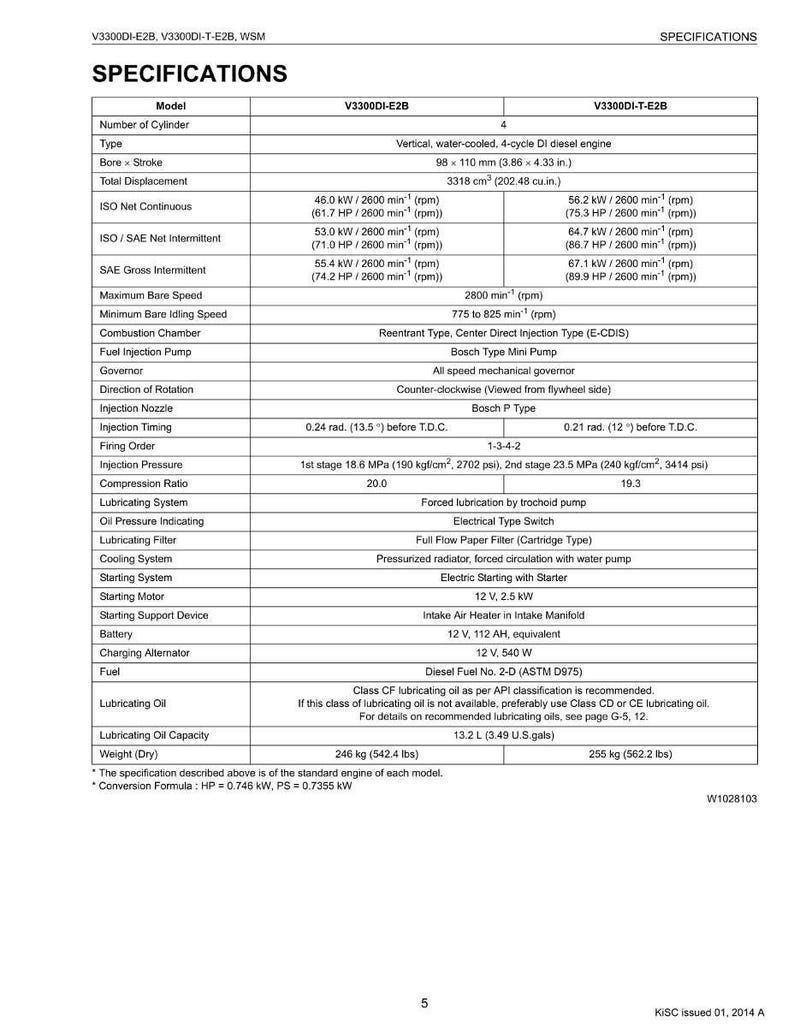 K&ouml;nnte beinhalten: Spezifikationstabelle f&uuml;r Dieselmotoren V3300DI-E2B und V3300DI-T-E2B. Enth&auml;lt Angaben zu Zylinderzahl, Bohrung, Hub (98 x 110 mm), Hubraum, Leistung und Kraftstoffspezifikationen. Gewicht: 246 kg und 255 kg.