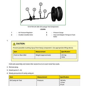 May include: Diagram of idler oil leakage test components, including an air pressure regulator, snubber valve, pressure gauge, and hose fittings. The image also includes a table with measurements in kg and lbs.
