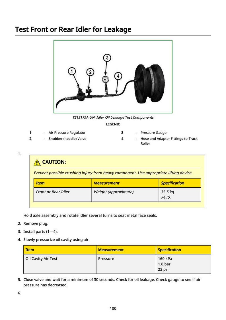 May include: Diagram of idler oil leakage test components, including an air pressure regulator, snubber valve, pressure gauge, and hose fittings. The image also includes a table with measurements in kg and lbs.