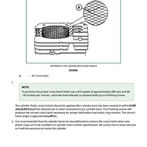 May include: Diagram of a cylinder bore honing process, labeled "Hone Cylinder Bore." Includes a detailed illustration of the process, with a cross-hatch pattern and text instructions. The text provides specifications for drill speed and hatch angle.