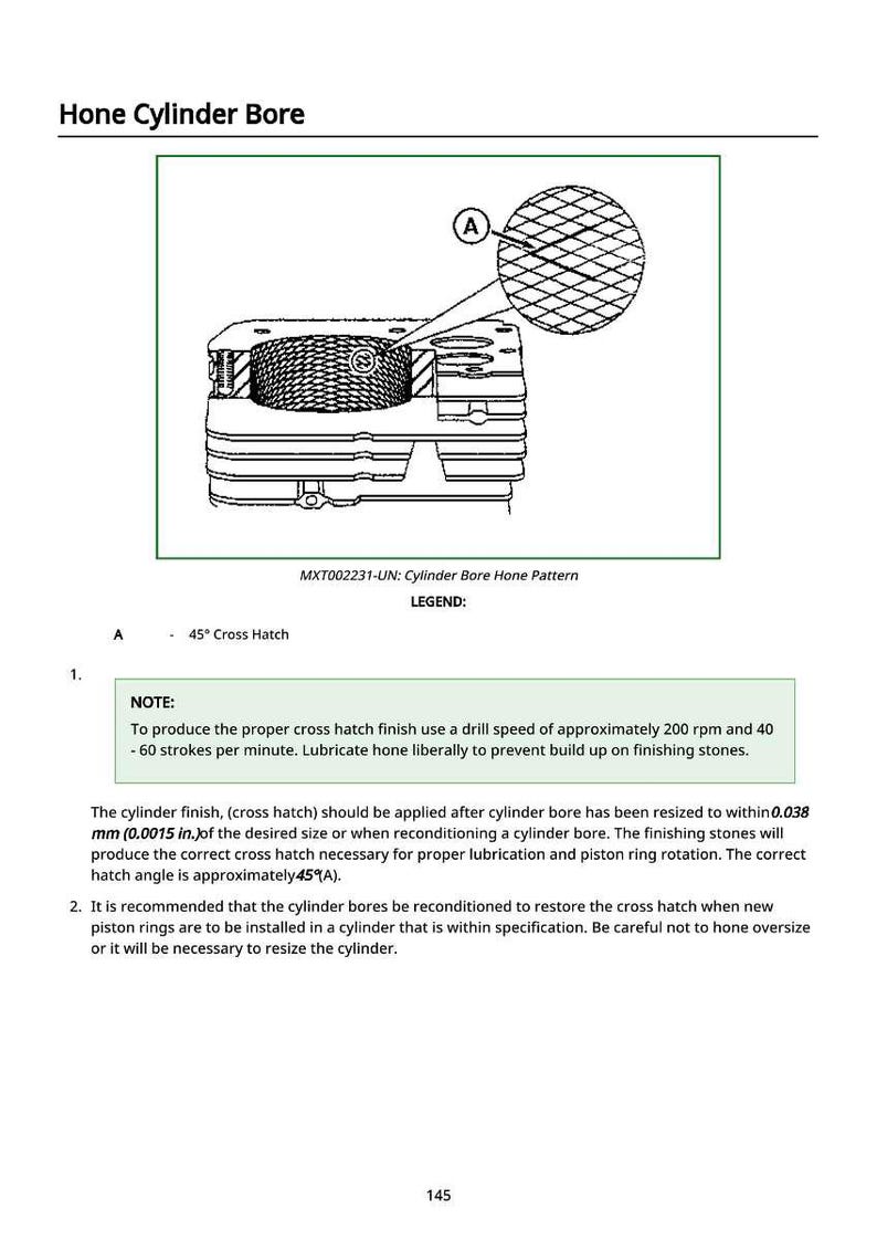 May include: Diagram of a cylinder bore honing process, labeled "Hone Cylinder Bore." Includes a detailed illustration of the process, with a cross-hatch pattern and text instructions. The text provides specifications for drill speed and hatch angle.
