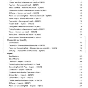 May include: A page from a repair manual, detailing engine repair procedures. The text includes items like "Crankshaft Front Oil Seal - Remove and Install - SQR372" and "Cylinder Head - Remove and Install - SQR372".