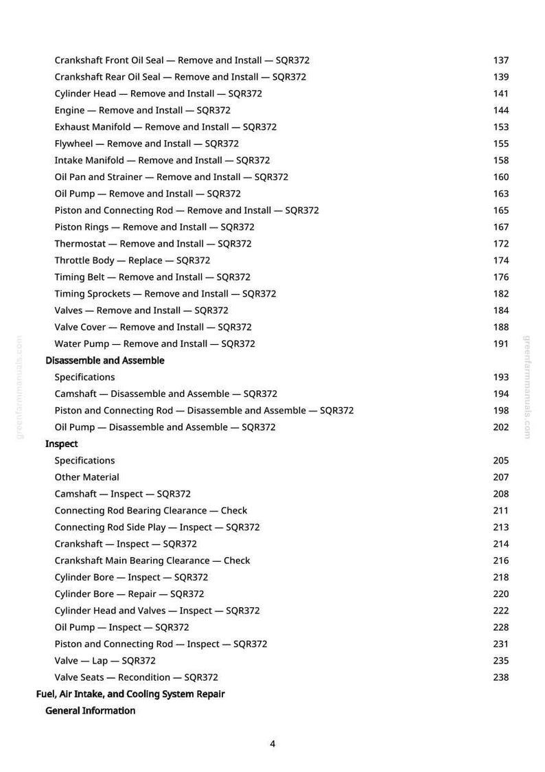 May include: A page from a repair manual, detailing engine repair procedures. The text includes items like "Crankshaft Front Oil Seal - Remove and Install - SQR372" and "Cylinder Head - Remove and Install - SQR372".