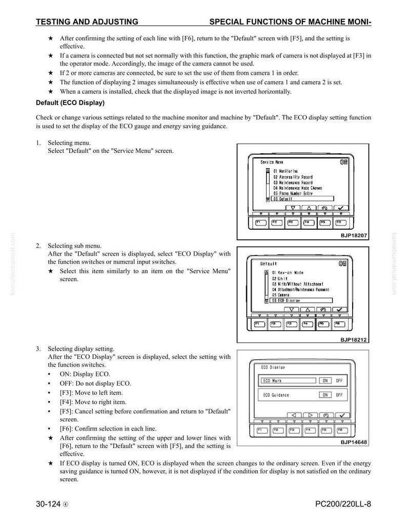 May include: A technical manual page titled "TESTING AND ADJUSTING SPECIAL FUNCTIONS OF MACHINE MONITOR". It features instructions and diagrams for machine monitor setup and adjustment, including screenshots of the monitor's interface.