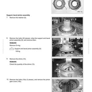 May include: Diagram of a differential assembly disassembly process. Includes images of components like oil seals, dust seals, retainers, bolts, and pinion gear covers. Text instructions accompany each step, with measurements in kilograms.