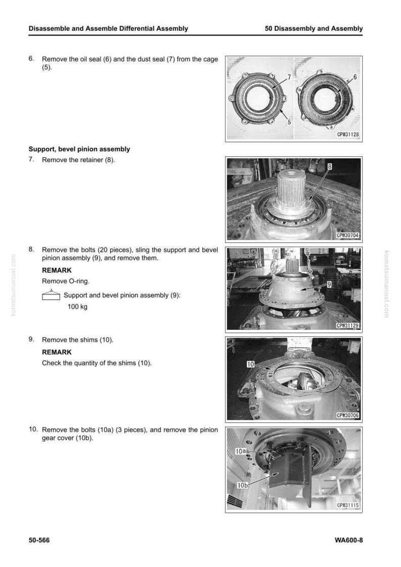 May include: Diagram of a differential assembly disassembly process. Includes images of components like oil seals, dust seals, retainers, bolts, and pinion gear covers. Text instructions accompany each step, with measurements in kilograms.