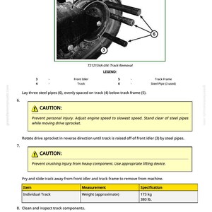 Op de afbeelding: Diagram van het verwijderen van een rupsband van een machine, met labels voor de voorste geleiderol, de rupsband en de stalen buizen. Bevat veiligheidswaarschuwingen. Het gewicht van de rupsband is ongeveer 173 kg.