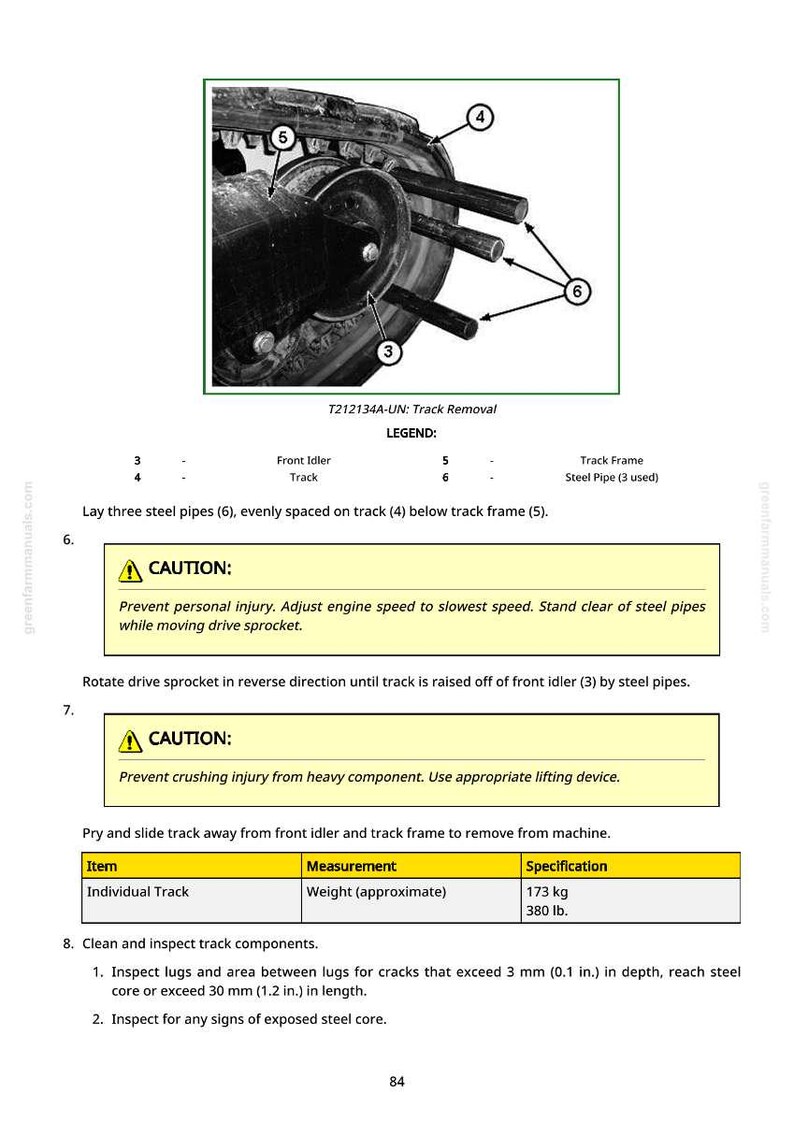 Op de afbeelding: Diagram van het verwijderen van een rupsband van een machine, met labels voor de voorste geleiderol, de rupsband en de stalen buizen. Bevat veiligheidswaarschuwingen. Het gewicht van de rupsband is ongeveer 173 kg.