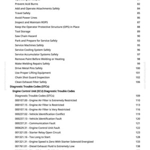 May include: A page from a manual with a list of safety guidelines and diagnostic trouble codes. The text includes topics like "Avoid Backover Accidents" and "Engine Air Filter is Extremely Restricted."