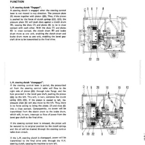 K&ouml;nnte beinhalten: Technische Zeichnung einer Kegelradwelle und Lenkkupplungen, die Struktur und Funktion darstellt. Das Bild zeigt beschriftete Komponenten wie Druckplatten, Kolben, Kupplungsfedern und Kupplungstrommeln, begleitet von erkl&auml;rendem Text.