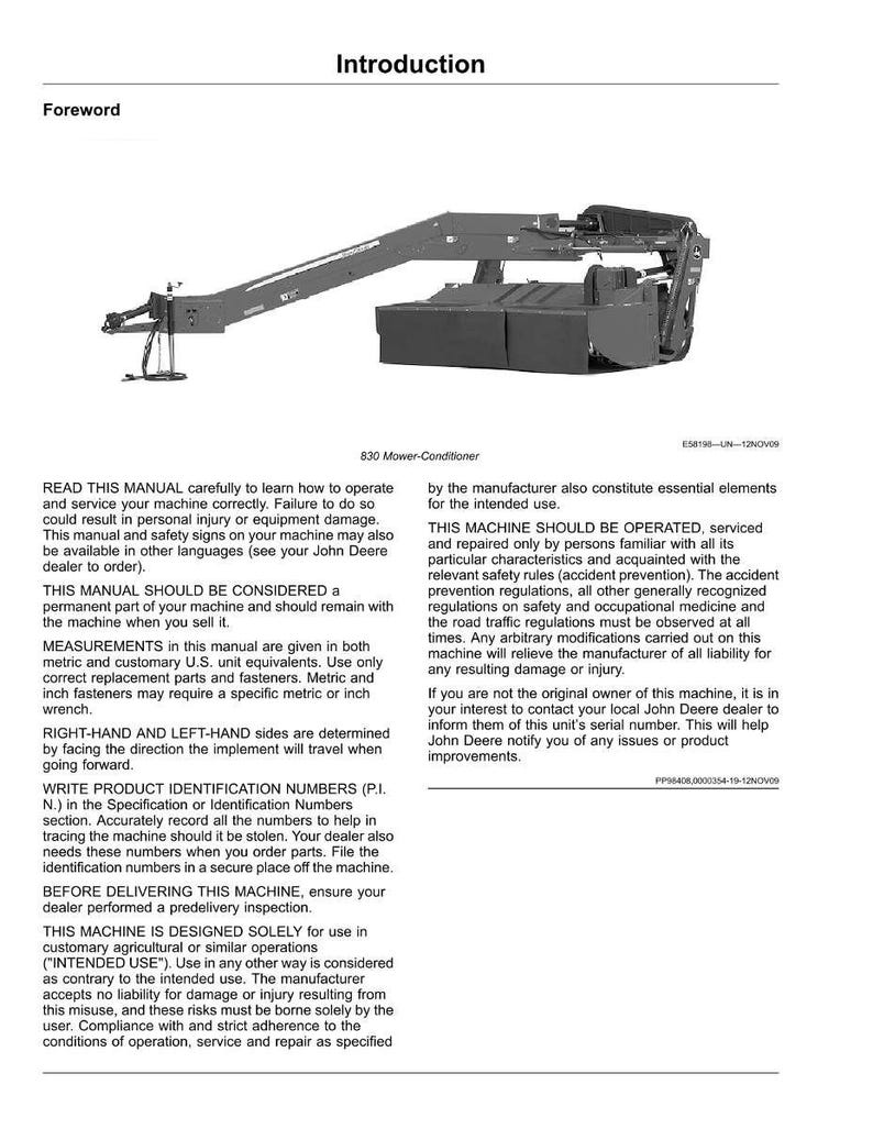 Puede incluir: Una p&aacute;gina del manual "Introducci&oacute;n" para la 830 Mower-Conditioner. El manual incluye informaci&oacute;n sobre seguridad, operaci&oacute;n y mantenimiento, con medidas en unidades m&eacute;tricas.