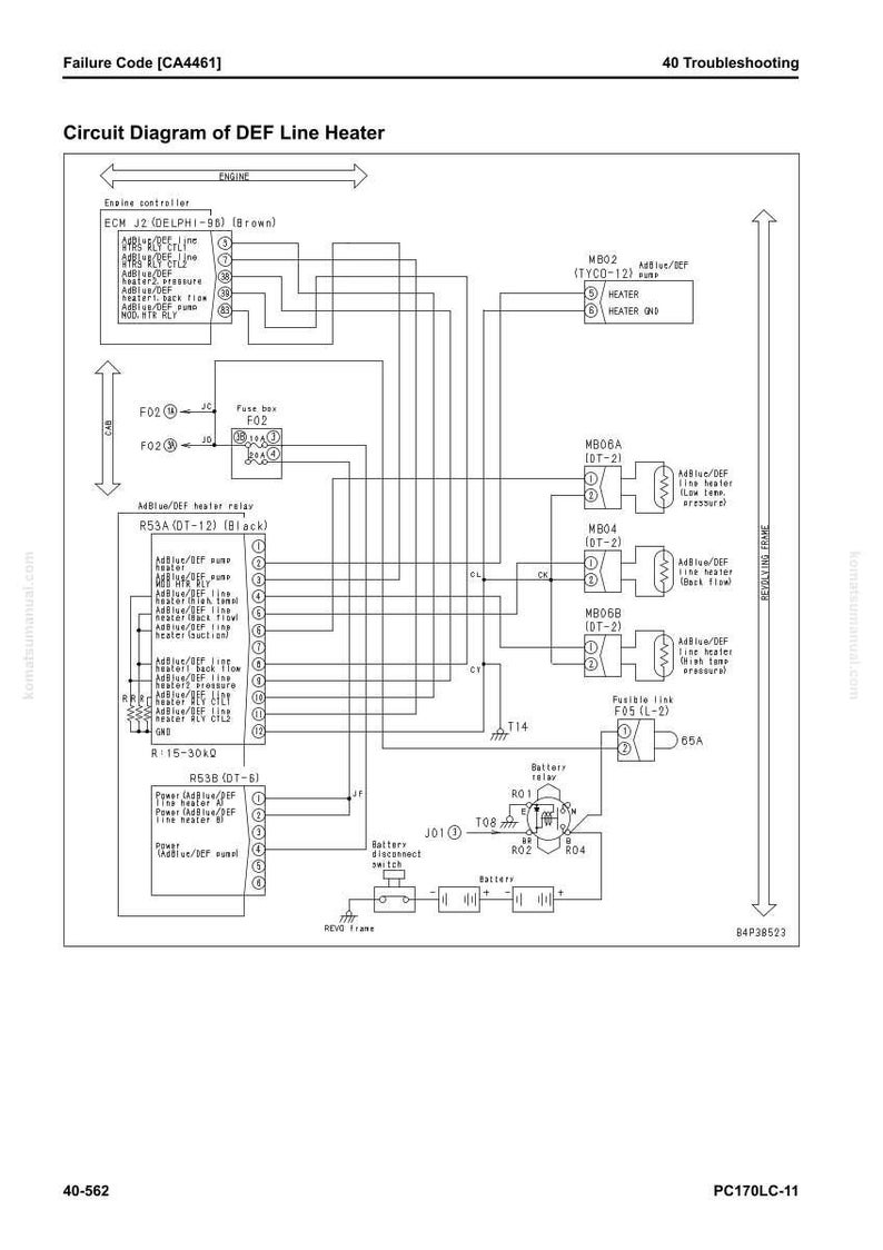 May include: Diagram of a DEF (Diesel Exhaust Fluid) line heater circuit. The schematic includes components like the ECM J2, relays, fuses, and a battery, with labels and connection lines. The diagram is in black and white.