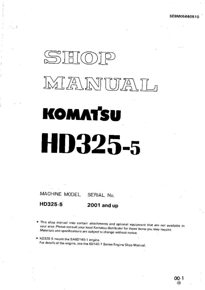 May include: A white shop manual with the text "SHOP MANUAL" and "KOMATSU HD325-5" in bold black font. The manual includes the machine model HD325-5 and serial number 2001 and up. The manual is for the SA6D140-1 engine.
