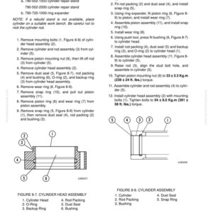 May include: Technical diagrams and instructions for hoist circuit component repair. The image shows labeled diagrams of cylinder head and cylinder assemblies, with detailed steps for disassembly and assembly.
