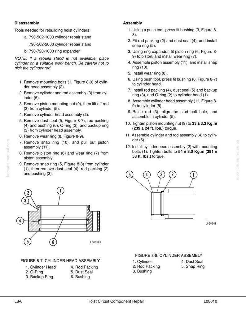 May include: Technical diagrams and instructions for hoist circuit component repair. The image shows labeled diagrams of cylinder head and cylinder assemblies, with detailed steps for disassembly and assembly.