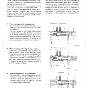 May include: Technical diagram of an inching valve, detailing its function in a direct drive transmission. Includes labeled diagrams of the valve's internal components and operational states, with text descriptions.