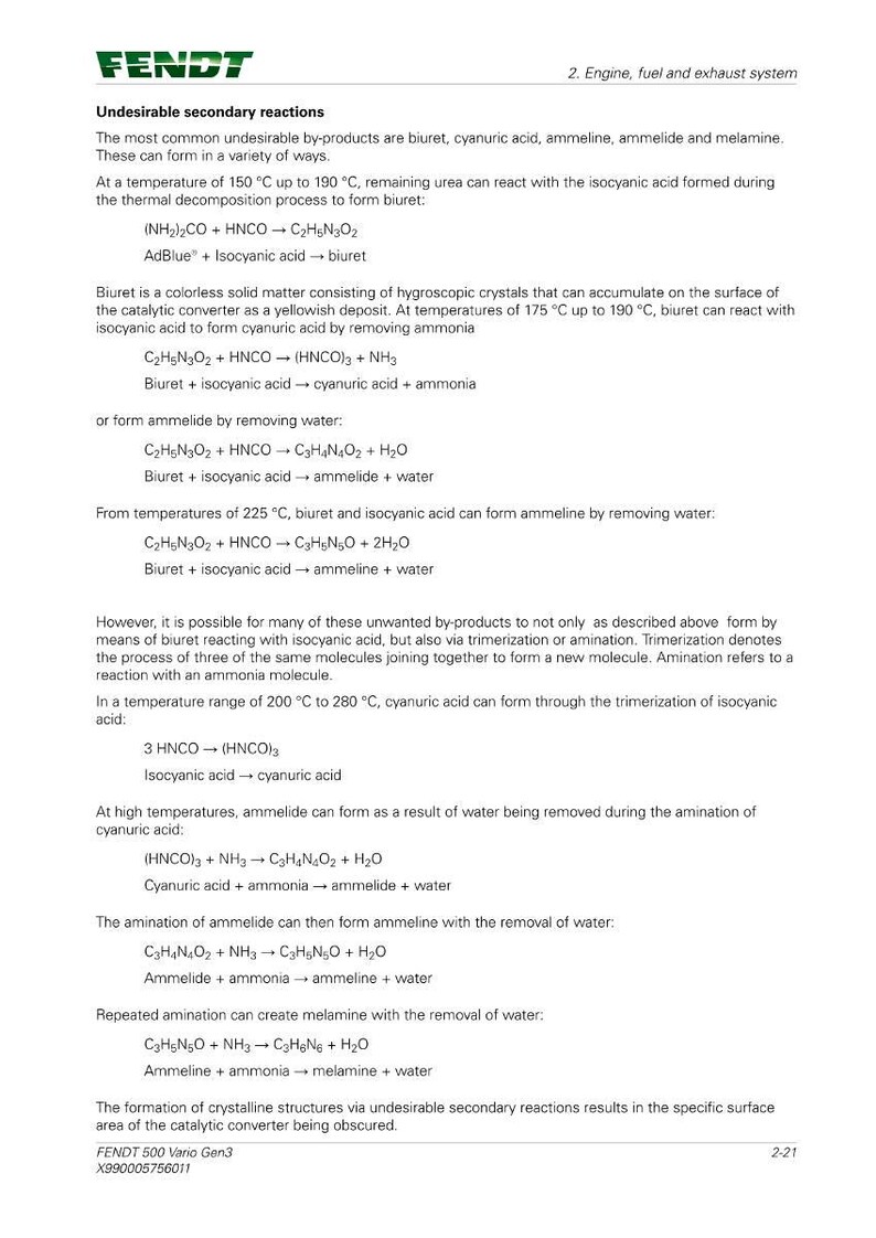 May include: A technical document from Fendt, detailing undesirable secondary reactions in an engine's fuel and exhaust system. The text explains the formation of by-products like biuret and cyanuric acid, with chemical equations.