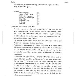 Pu&ograve; includere: Un documento tecnico di MANNESMANN DEMAG che descrive un sistema di accoppiamento per macchinari. Il documento include diagrammi, specifiche e testo che spiega la funzione, i componenti e il funzionamento dell'accoppiamento. Il testo include le parole "COUPLING" e "PROPULSION".