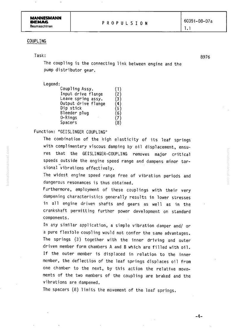 Pu&ograve; includere: Un documento tecnico di MANNESMANN DEMAG che descrive un sistema di accoppiamento per macchinari. Il documento include diagrammi, specifiche e testo che spiega la funzione, i componenti e il funzionamento dell'accoppiamento. Il testo include le parole "COUPLING" e "PROPULSION".