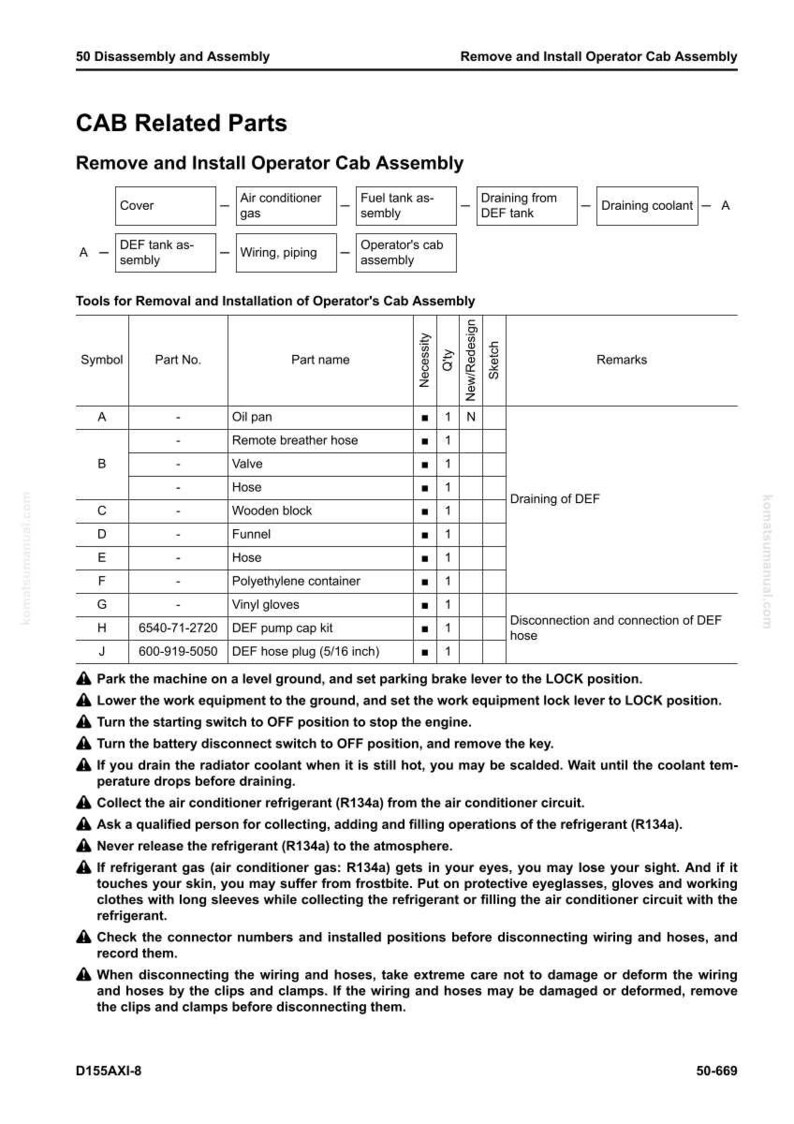 May include: Diagram of CAB related parts for disassembly and assembly, including a DEF pump cap kit and DEF hose plug. The document provides instructions and part names for removing and installing the operator cab assembly.
